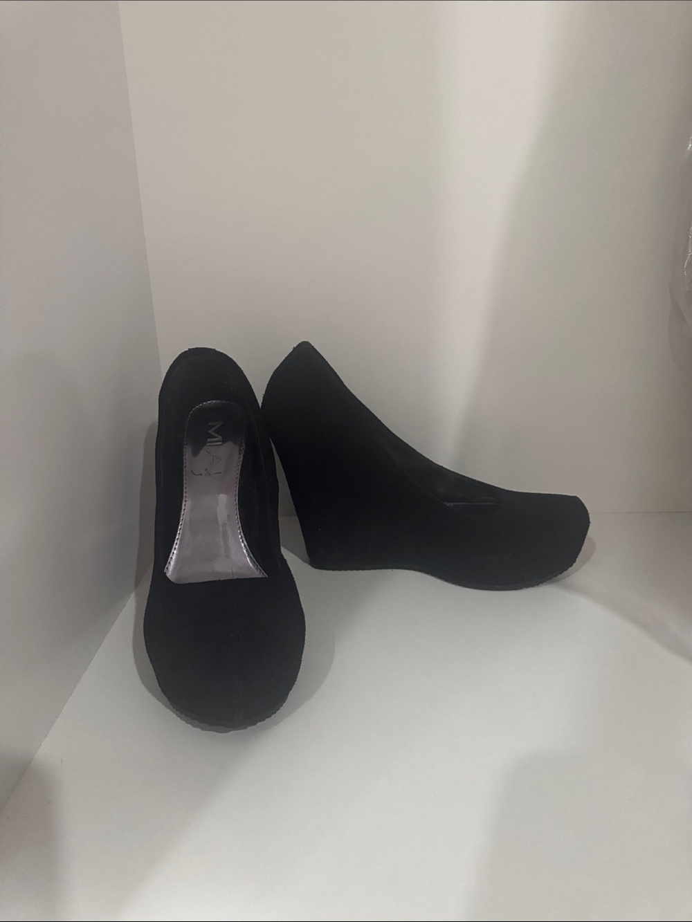 MIA Black Suede Wedge Pumps